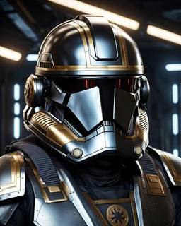 star wars bald male corellian pilot wearing pearlescent black and gunmetal grey First Order special forces heavy assault stealth commando armor and helmet with gold trim inside the jedi temple, hyperdetailed, dynamic lighting, hyperdetailed background, 8k resolution, volumetric lighting, light skin, fully symmetric details