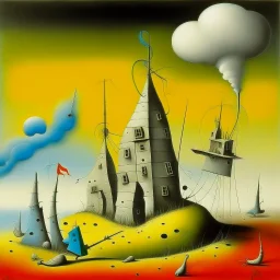 Braille propaganda and surreal forgotten memories, Yves Tanguy and Magritte deliver a surreal masterpiece, bright colors, sinister, asymmetric