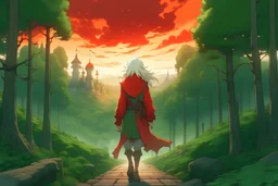 anime man with white long hair and red scarf walking in a forest of tall green trees with a green backpack at dawn its foggy and stormy looking with a fire look out tower in the background with a trail following up to it there is a river next to the trail