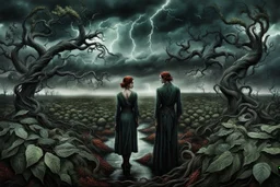 in a surreal landscape, dying, barren trees, twisting black tendrils, in front of broken, twisted bushes, a zombie couple stands sadly, pale skin and only dark green bay leaves cover their bodies, their chests and groins are covered by bay leaves, stormy sky, lightning, dark colors, gloomy, thriller mood