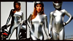 Chasey Lain in silbernem Zentai mit silbernem Motorradhelm