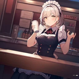 anime waitress taking her break at booth inside a New York diner with two identical coffee cups placed in front oh her on the table,shes filling a cup over