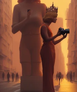 Statue of Queen of photography holding camera in hands. Cute blonde woman. Photographer in golden crown. Standing on the street. Big camera in her hand. hyperdetailed, photorealistic, trending on artstation, greg rutkowski, beksinski, kodachrome, volumetric lighting, gold and orange