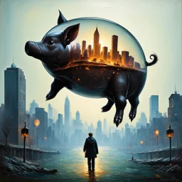 epic surreal matte oil painting, floating glass pig with a fantastical Alexander jansson cityscape inside, Visual embalming atmosphere, metaphorical, imagine if Zdzislaw Beksinski had conceived this, by Colin McCahon, visceral, unsettling, fantastically sophisticated