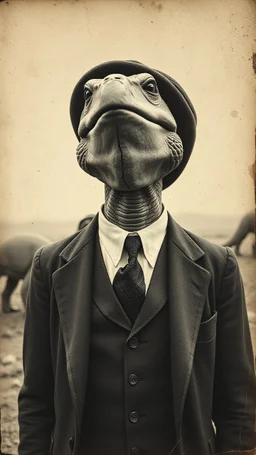 An old picture style of black and white mono very bad quality looks very old camera picture a cracked turtle Face wearing suite and tie person body ,the year 1900 in the background from a distance dinosaurs