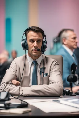 A simultaneous interpreter is sitting at a table with headphones with a microphone on his headphones at a foreign briefing, the background is blurred, everything is in pastel colors,