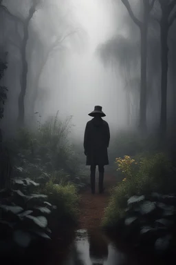 dark and tranquil bosque with much flora and rain , a man with a hat is gardening , a hooded blurred shadow appears in the far back distance in the fog