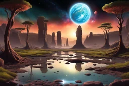 planet in the sky, trees, rocks, rocky land, puddle, sci-fi, landscape, mountains, galactic cosmic influence