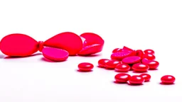 a bubble pack of red pills, next to torn red ribbon, on a white background