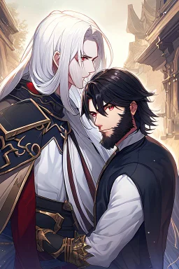 A couple, from the dnd game curse of Strahd. The woman has long white hair and blue eyes, the man has LONG BLACK hair and red eyes, no facial hair.