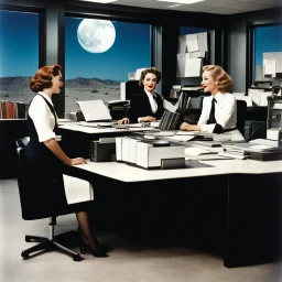 [colour photo by helmut newton] 1950s office secretaries working in an office on the moon, having fun in agent provocateur