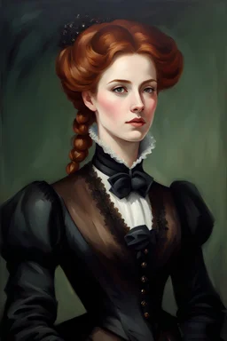 ((Athletic Petite Pale Russian Redhead Woman 30yo, Long Eye Lashes, Eye Shadow, Eye Liner, Wearing A Victorian Dress)), in love with a ((Brown Haired english Man With A Strong Jaw And A Short Goatee, Wearing Victorian Simple Clothes)) painting