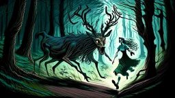 lovecraftian styled resurrected unhappy single deer chasing the older drunk human lady through the forest.