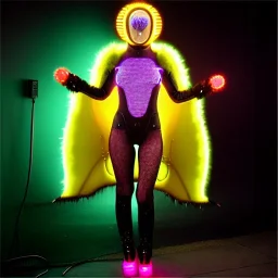 Sweet cyber bee woman mix, cold ambient, rain, fog, latex, cables, purpurin, black, gold, rings piercing, yellow, decorative color feathers, circuits, neon style, a lot of led lights, fog, rain, vibrant color, highly detailed, art stations, concept art, smooth, unreal engine 5, god rays, ray tracing, RTX, lumen lighting, ultra detail, volumetric lighting, 3d, finely drawn, high definition, high resolution.