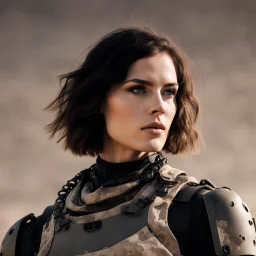 beautiful sexy caucasian female soldier, black metal body and limbs, visible cybernetic limbs, scratched sand camo, no armor, short brunette wavy bob haircut, dystopian, desert scene