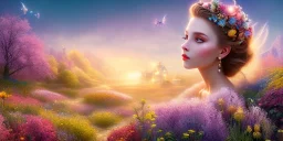 bright fairy, beautiful portrait, flowery landscape