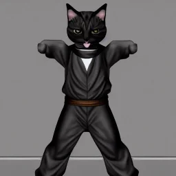 Chat, Modélisme trois dimensions, anthropomorphique, habillé comme un ninja, tenue très détaillée, argent, noir, sombre,furieux, réalisme