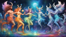 a line of creatures, all from the same species, immersed in a trippy, mind-bending realm. From left to right, the faun dances in swirling colors, a female faun shimmers ethereal. Male satyr pulsates with surreal energy, female satyr glows dream-like. Centaur radiates cosmic wisdom, ethereal female counterpart transcends reality. Male minotaur adorned with shifting patterns, female counterpart mesmerizes. Each creature in the line, a surreal interpretation of the faun, satyr, centaur, and minotau