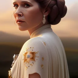 extremely detailed 8k hyperspace wallpaper,complete and photo realistic detailed zoomed out stunning photo realistic portrait of carrie fisher as Princess Leia in star wars with photo realistic fine and simple hairstyle, brown eyes, professional majestic photo realistic painting by Ed Blinkey, Atey Ghailan, by Jeremy Mann, Greg Manchess, Antonio Moro, trending on ArtStation, Intricate, High Detail, Sharp focus, dramatic, by greg rutkowski, realism, beautiful and detailed lighting,