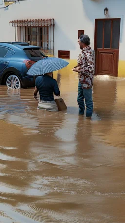 A natural phenomenon, floods in an Alentejo village with two politicians on the scene 1943. Mario Soares and Cavaco Silva- Shot on Canon EOS R5, 50mm lens, depth of field, shutter speed 1/1000, f/2.8, white balance, 6000k. High resolution, realistic details, HDR efects, film grain, 4K. –ar 9:16 –s 700 –q 5