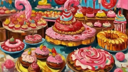 A rosy pink carnival made out if cakes, cookies, cupcakes, and donuts painted by Vincent van Gogh