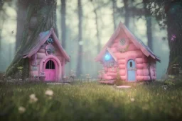 a cute pink and blue fairy house in the forest, spring time, mushrooms, 8k, flickering light, centered, high-quality, fine-detail, digital art, detailed matte, volumetric lighting, illustration, 3D octane render