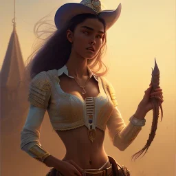 weta disney pixar movie still portrait photo of madison beer as cowgirl woman, intricate, highly detailed, greg rutkowski, wlop, ilya kuvshinov, rossdraws, artgerm, marvel, maxim magazine cover, unreal engine, sweaty, iridescent, bright morning, anime, 8k