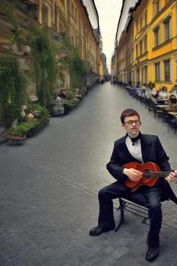 Small musician sitting in the foreground of street in Vienna Austria