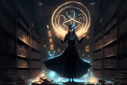 full-height shot of a woman in black holding up small glowing symbols, inside a large magic book shop