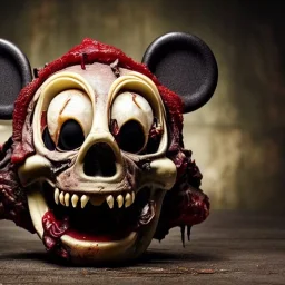 Rotting corpse zombie who is mickey mouse smiling, evil, arms forward like a mummy, fangs, sharp focus, ears