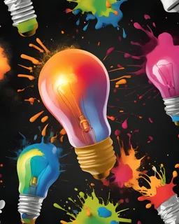 Creative light bulb explodes with colorful paint and splashes on a dark background. Think differently creative idea concept.