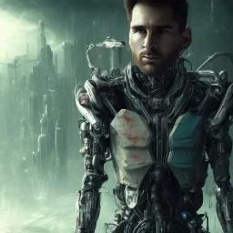 portrait post-apocalypse perfect face lionel messi cyborgs in a cyberpunk city, sci-fi fantasy style, 8k,dark