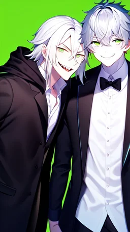 plauge doctor in balck leather coat and suit with silver hair, pale skin and bright green eyes smiling with sharp teeth, nice young face, male, viscious smile