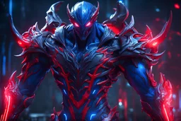Aion Warrior Venom Neon Suit in a mega cool iron super blue + Red suit with on his arms and shoulders, hdr, (intricate details, hyperdetailed:1.16), piercing look, cinematic, intense, cinematic composition, cinematic lighting, color grading, focused, (dark background:1.1)