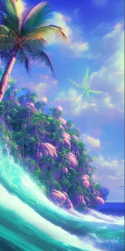 1980's aesthetic vaporwave ocean waves with palm trees