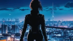 Clear Focus, High resolution, Beautiful girl standing backwards to a Cyberpunk skyline, comic style