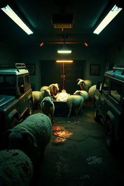 "Create dark, low-resolution 'CCTV footage' using an old 80s Sony camera. Depict a shadowy, clandestine garage where forbidden and gruesome medical procedures are performed on restrained patients. Surround the scene with rugged, mud-splattered Land Rovers, while rabid sheep with human arms and foaming mouths roam menacingly around. Enhance the chaos with intense flickering lights, eerie shadows, and a pervasive sense of impending doom. Add elements like bloodstains, shattered equipment, an