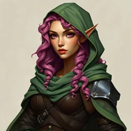 dungeons & dragons; portrait; elf; female; rogue; tan skin; sage green cape; long curly pink hair; pink eyes; leering; leather armor;