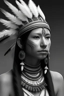 grey and white only native indian woman, hyper realistic style, 3d