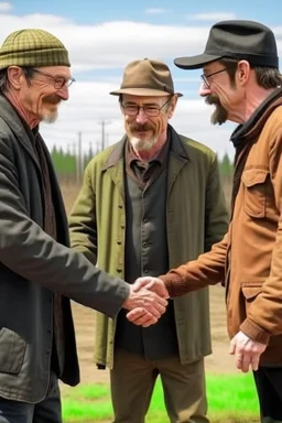 Walter White and Jesse Pink in the AMC walking dead universe shaking hands with rick grimes and Daryl Dixon.