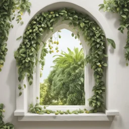 A window in white with an arch decorated with mangoes and light green leaves