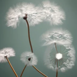 a small, fluffy dandelion on fire at the middle left part of the picture, dreamlike minimalist art with a lot of white space around it