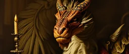 close up portrait painted by Rembrandt, stupid looking furry dragon at banquet