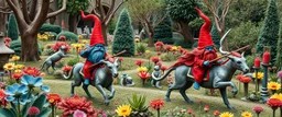 blue and red gnomes riding cats with lances in garden of eden the style of Escher and Giger