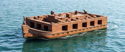 square boat made of bricks lotsa bricks, with beautiful water around, and a few workers on it, laying bricks, stacking them so high