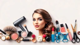 Designing a wall banner for a beauty salon horizontally with a photo of a beautiful bride's face in the center and cosmetics around the image, such as hair color varnish, a hair dryer, a brush, lipstick, cheek rouge, and all kinds of salon and nail tools in chestnut, gold, black, and blue.