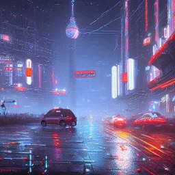 Cyberpunk Moscow, night, rainy