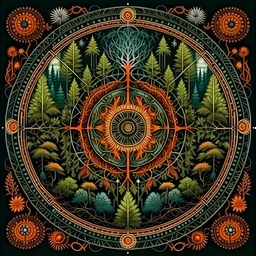 realistic image like a photo of bright indian mandala with forest roots, trees, ferns