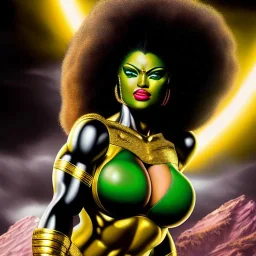 Ultra detailed fullbody Portrait in oil on canvas of sexy busty She-Hulk with Gold Armor,helmet,-Saint seiya style,extremely detailed digital painting,ultrarealistic skin,intense stare, extremely detailed face, crystal clear eyes, mystical colors ,perfectly centered image, perfect composition, rim light, beautiful lighting,masterpiece ,8k, stunning scene, raytracing, anatomically correct, in the style of Simon Bisley and Ohrai Noriyoshi and robert e howard and Steve Jung and Wizyakuza