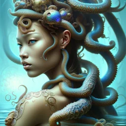 Sango fantasy, fantasy magic, intricate, sharp focus, illustration, highly detailed, digital painting, concept art, matte, art germ and Paul Lewin and Kehinde Wiley, masterpiece Japanese head bronze octopus' Asian African girl nice breast Thai hair turquoise silver blue under water